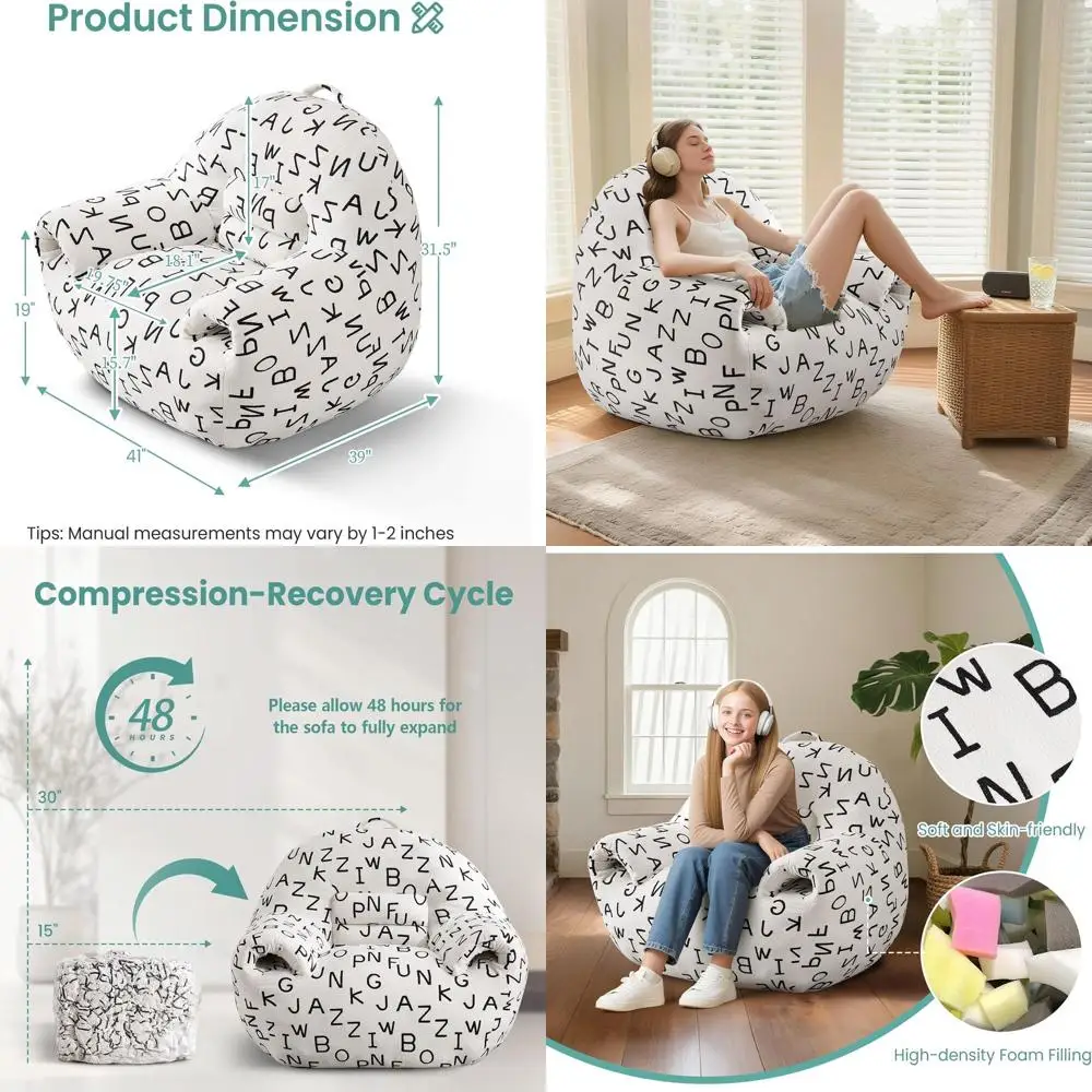 

Плюшевое кресло-мешок для взрослых с подлокотниками - белое, идеально подходит для гостиной, спальни, чтения, игр или офиса