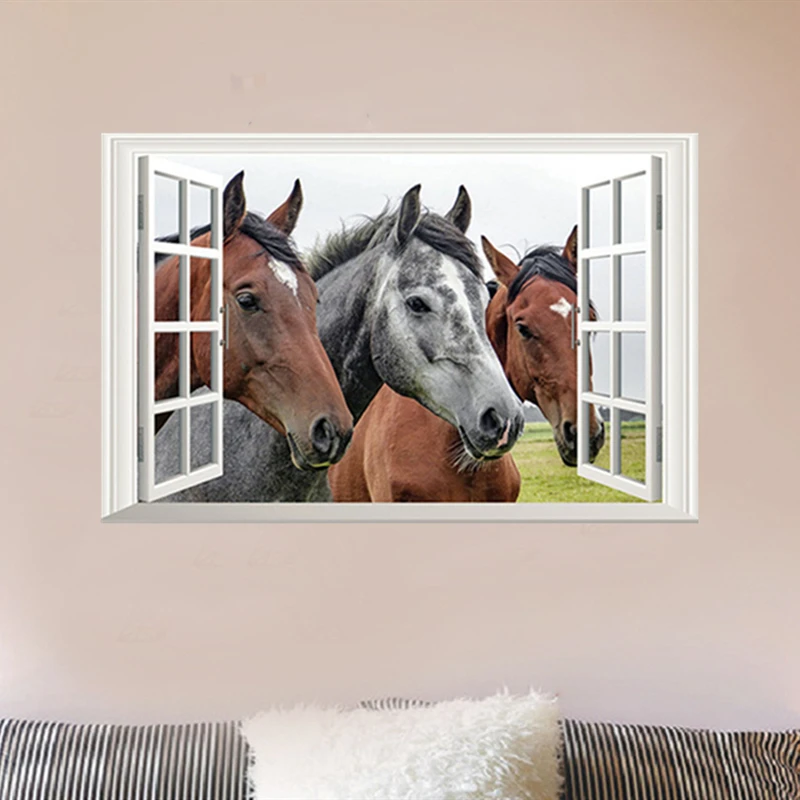 3D Horse Head Fake Window Stickers Grassland Scenery Animal Wall Art Mural Decals Home Office Decoration Vinyl Wallpaper 60*40CM