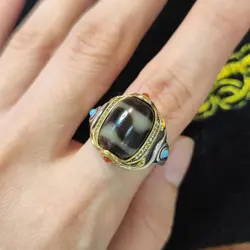 1pcs/lot boutique natural/mandala three-eyed tiger tooth pattern/onyx dzi ring S925 silver size Adjustable Ethnography jewelry