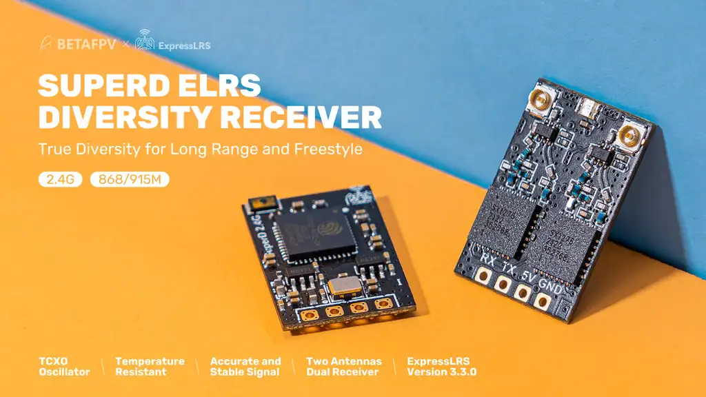 

BETAFPV SuperD ELRS 1.1g True Diversity Receiver TCXO 2.4G/915/868MHz Lightweight for FPV Long-Range Flying Camera System