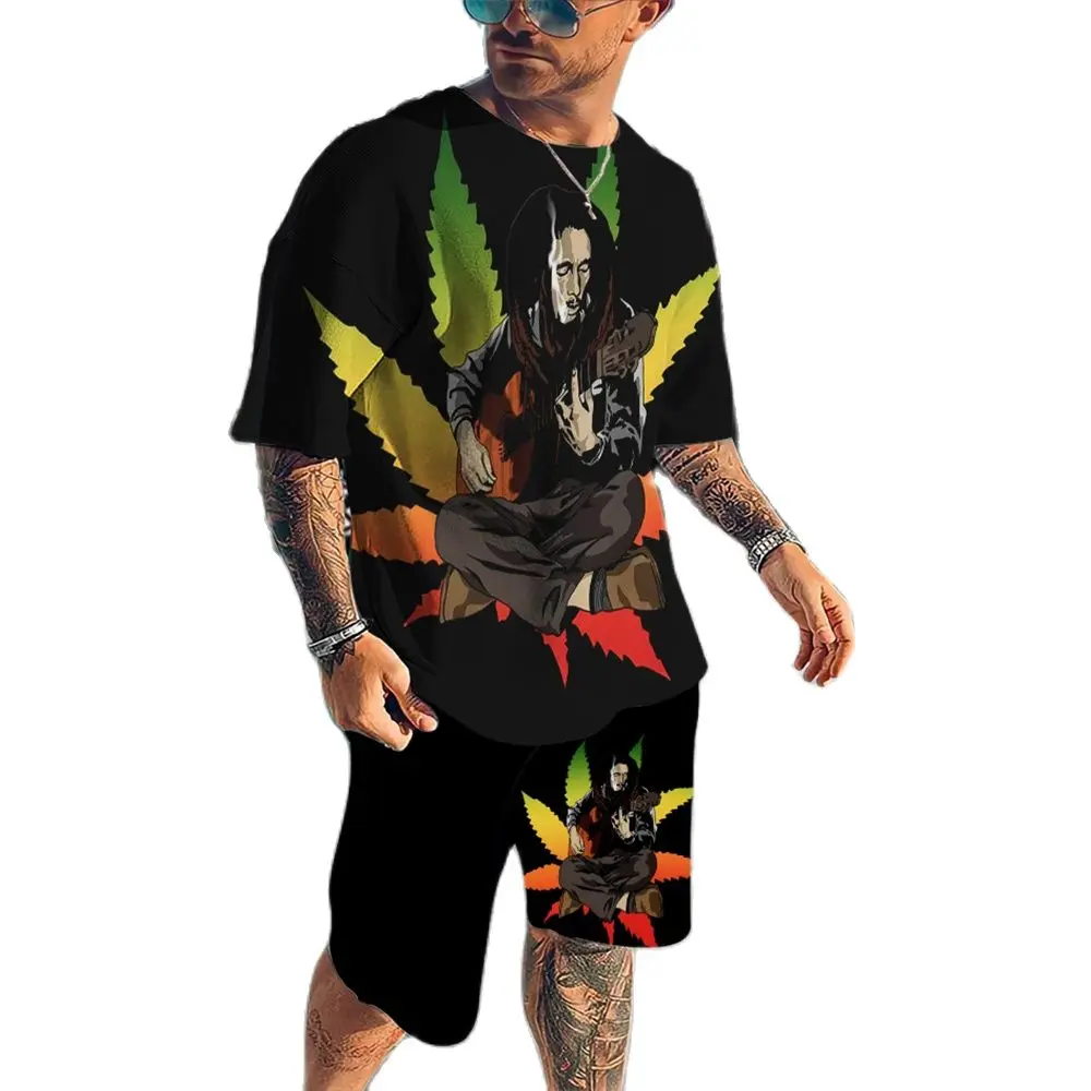 Traje de entrenamiento de Bob Marley para hombre, Conjunto de camiseta de cantante de música Rock, pantalones cortos de moda urbana, traje de Reggae