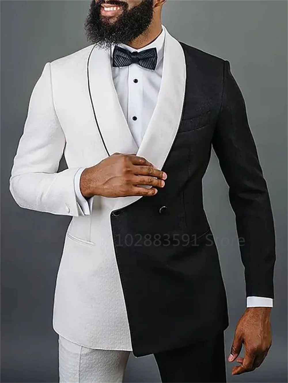 2 Pieces Newest Splicing Colors Men Suits Set  Wedding Groom Tuxedo White Black Blazer+Pants