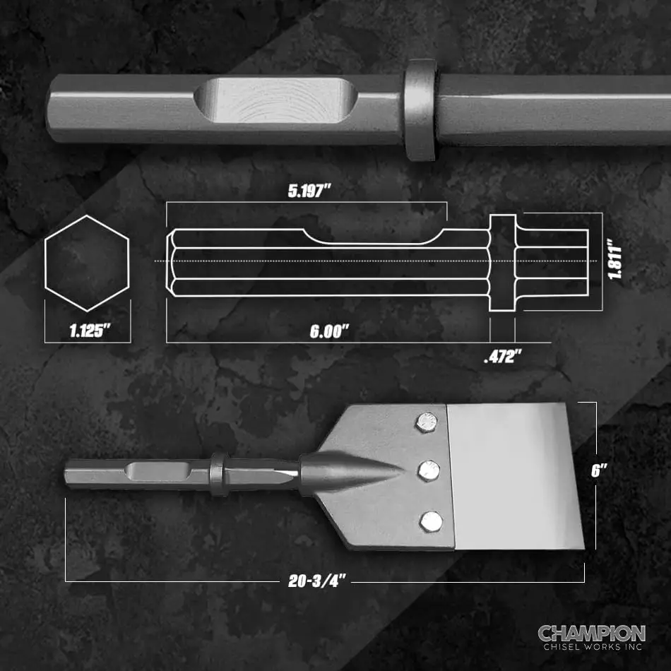 1-1/8-Inch Hex Notch Shank 6" Wide 2mm Thick Stainless Steel Blade - Champion Chisel/Works great with Demolition Hammer Carts