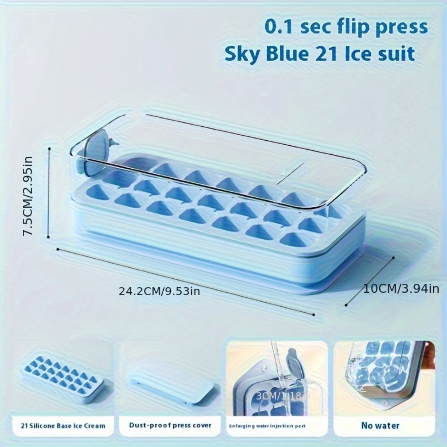 21 Grid Silicone Ice Cube Tray with Lid - Food Grade Press & Release Ice Mold, Dust-Proof Cover, Easy Fill Water Injection - Pla