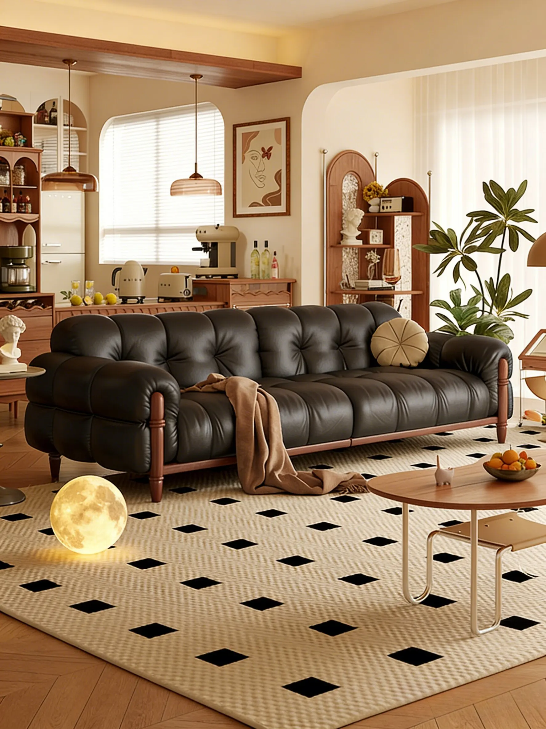Retro leather sofa, piano keys straight row living room French medieval black first layer cowhide