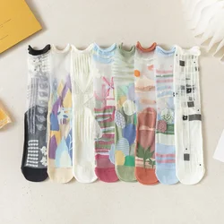 2024 New Fashion Woman Socks Summer Ultra-thin Transparent Crystal Silk Socks Harajuku Floral Retro Japanese Kawaii Cute Socks