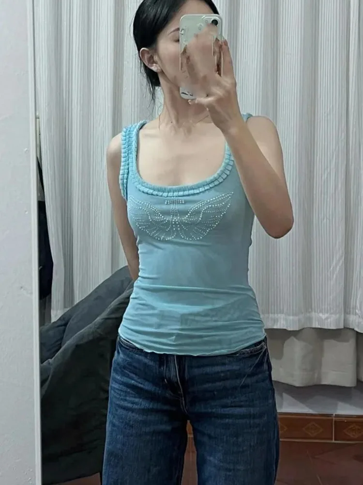 Camisole Vest Women Summer Sleeveless Slim Fit Mesh Corset Tops Korean Sweet Outerwear Y2k Tanks