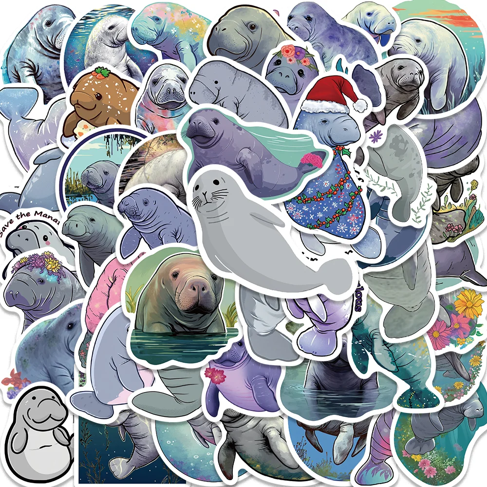 

50pcs Cartoon Manatee Animal Stickers for Envelope Computer Phone Case Diary Suitecase Guitar iPad Waterproof DIY Decoration