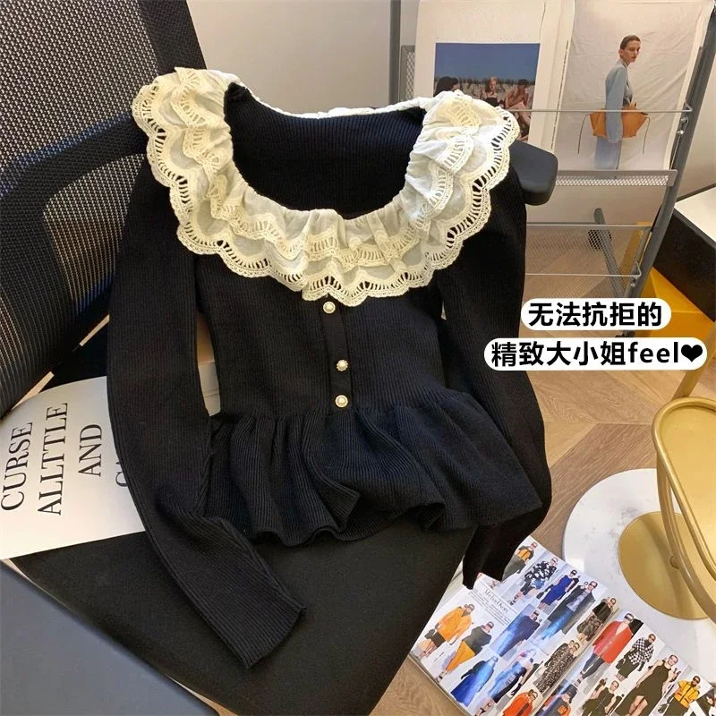 Slim High Waist Jumper Pullover Lace Doll Collar Patchwork Top Women Sweater Sueters De Mujer Knitwear Shirts New Spring Autumn