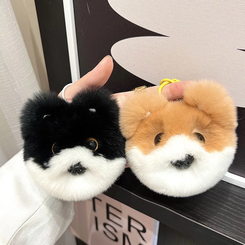 Cute Real Rabbit Fur Plush Corgi Dog Doll Key Rings Funny Anime Car Keychain Handmade Cartoon Clown Keyring Pendant Toys