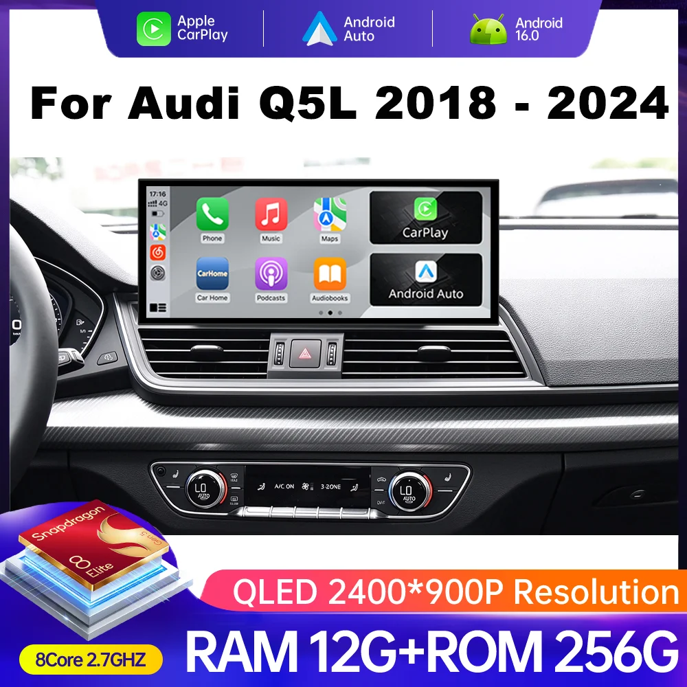 12.3 Inch Navi for Audi Q5L 2018-2024 Car Radio Android 16 Multimedia Video Player HD Touch Screen Wireless Carplay QLED Screen