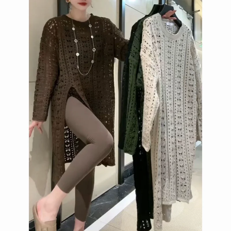 Women European Style Elegant Retro Hollow Out Hem Split Sweater Loose Mid Length Knitted Shirt Autumn Winter Fashion Dress