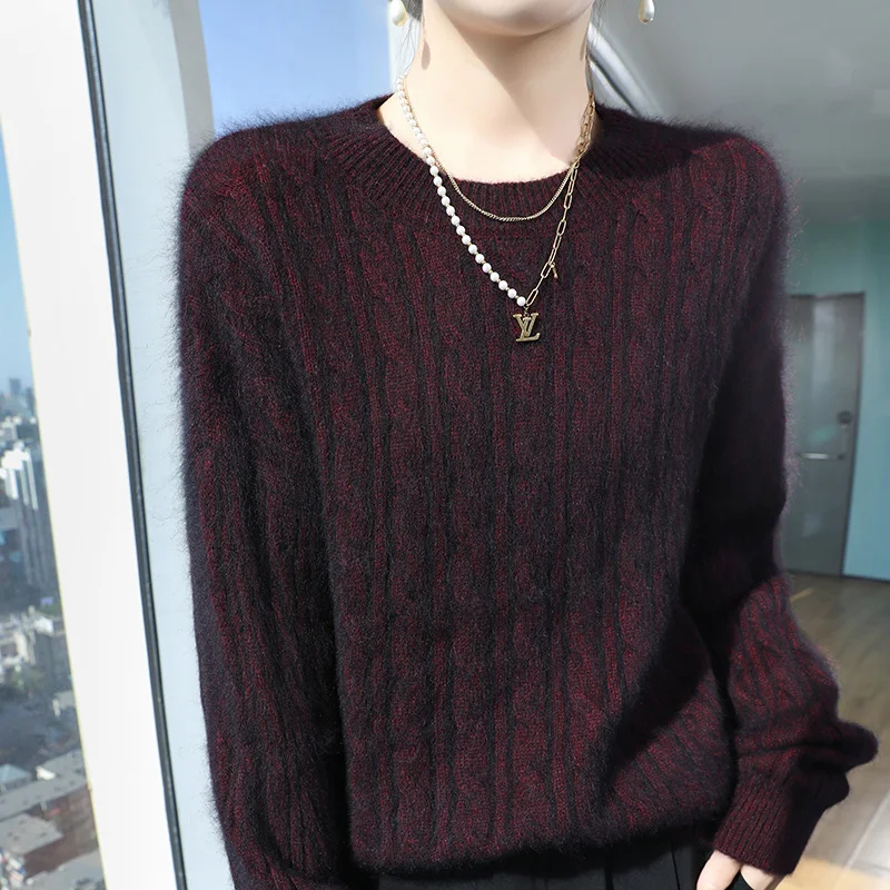 

100% чистый норковый кашемировый утепленный свитер, женские пуловеры с круглым вырезом, модные свободные теплые топы, однотонная базовая рубашка2025