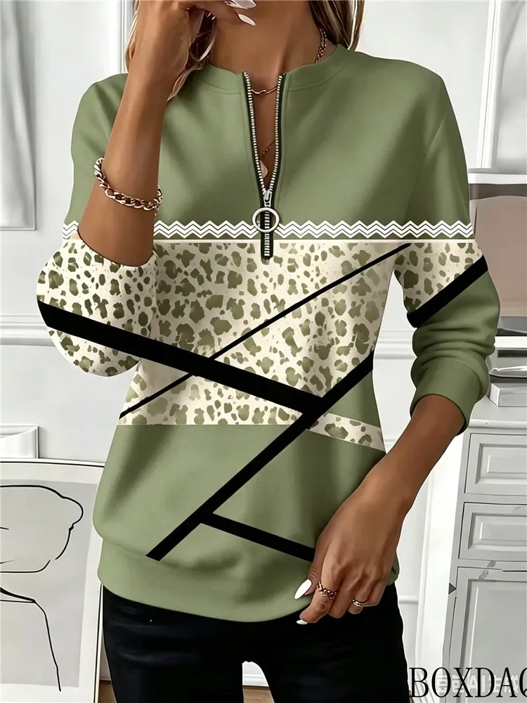 Autumn Women's Casual Hoodies Leopard Irregular Pattern Printing Fashion Zipper V-Neck Long Sleeved Sweatshirt Ladies' New Tops