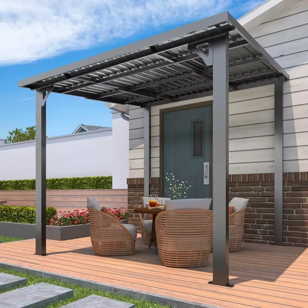 

8'x8' Wall-Mounted Grill Gazebo, Hardtop Gazebo Outdoor Pergola, Small Heavy Duty Lean to Metal Pergolas and Gazebos Clearance