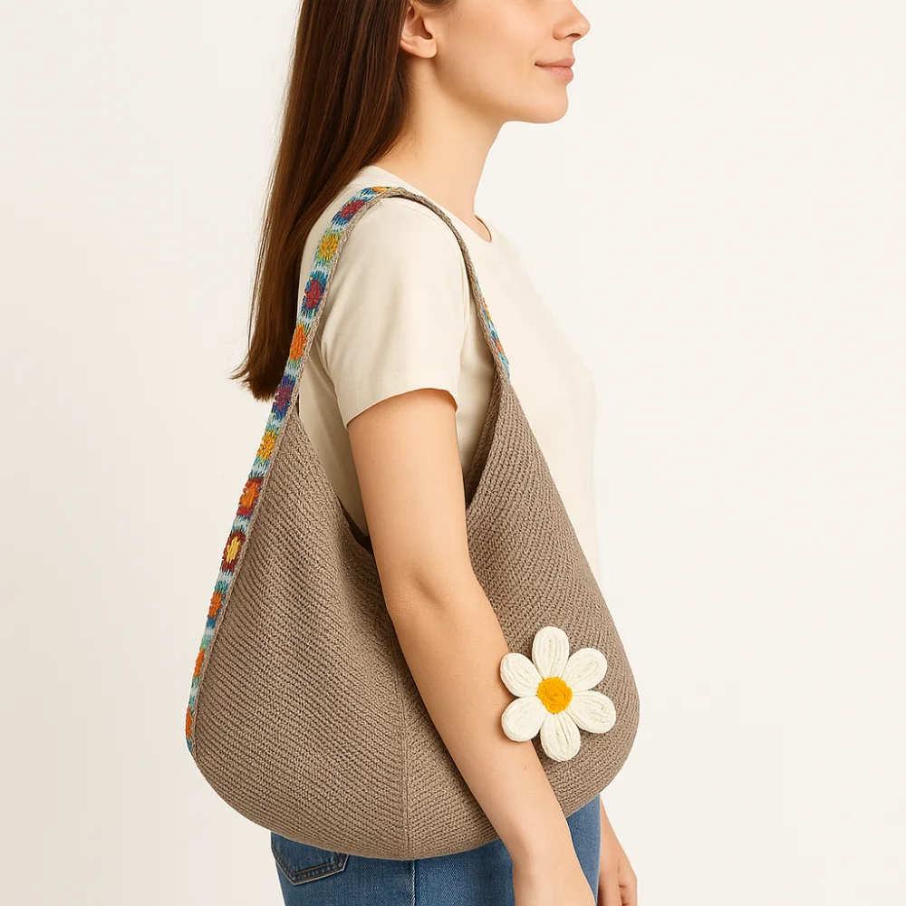 

Cute Crochet Flower Knitting Bag Weaving Handmade Beach Tote Bag Large Capacity Bohemian Style Hollow Shoulder Bag Girls