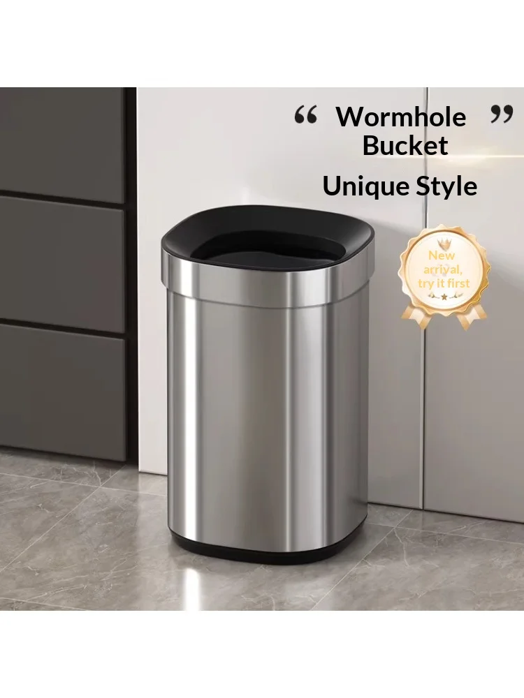 

Living room trash can with high-end, sleek, stainless steel open design, minimalist Italian-style kitchen coffee table
