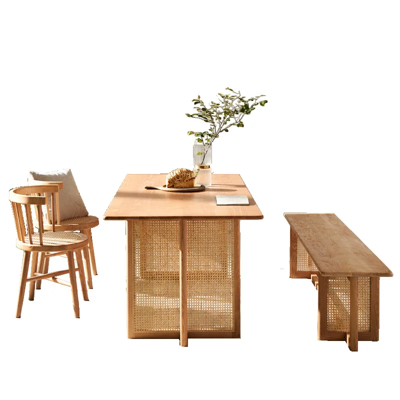 

Dining table and chair combination Japanese modern simple rattan solid wood dining table chair