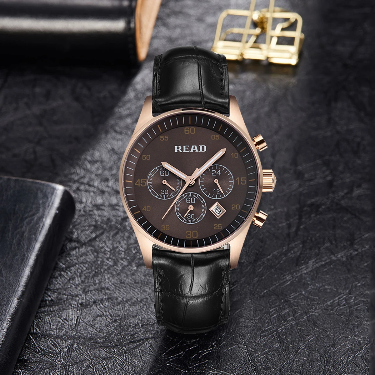 READ Men 6 Hands Chronograph Quartz Watch | Brown Dial | Date | 3ATM Water Resistant | Business Wrist Watch