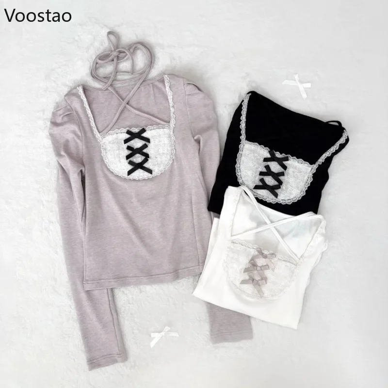 Sweet Lolita Style T-Shirts Women Vintage Y2k Square Collar Bow Long Sleeve Blouse Japanese Tees Ropa Mujer Bandage Crop Tops