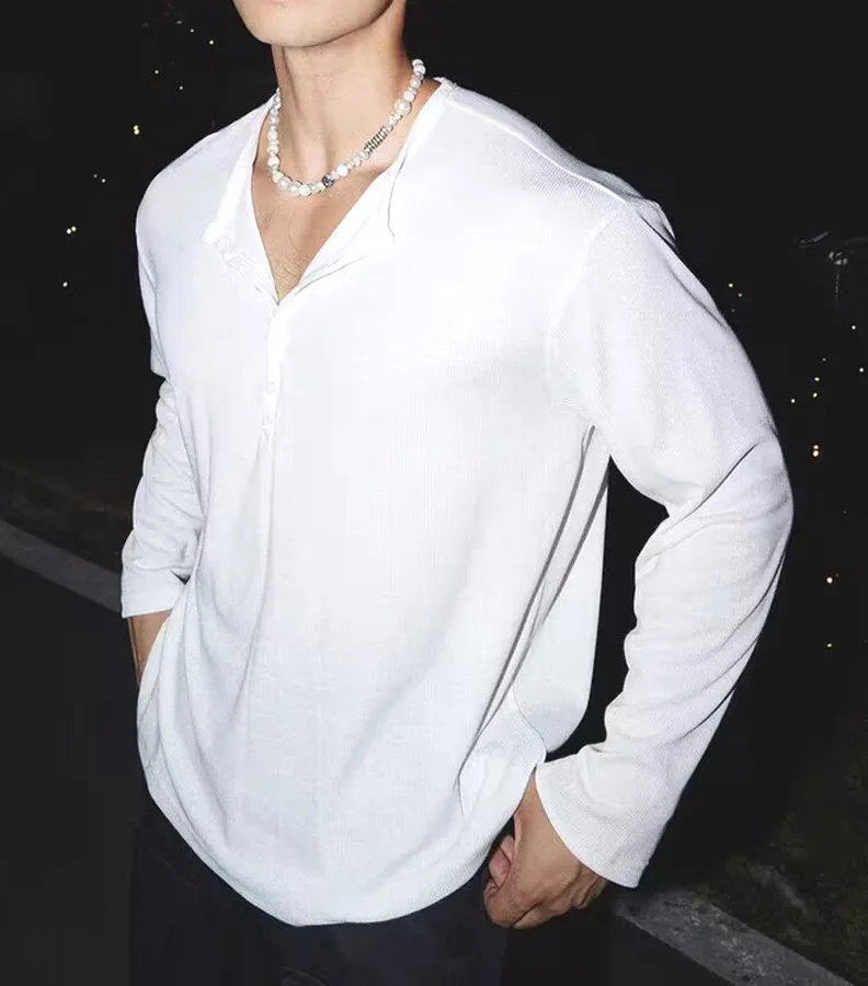 2026 New Men's Lazy Style Half Button Cardigan Loose Long Sleeve Henley Neck U Neck Base T Shirt