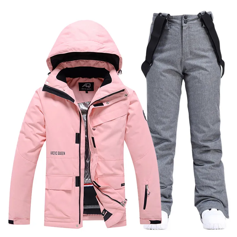 Russia Women's Ski Suit -30 Warm Winter SnowSuit Snowboarding Clothing  Waterproof Windproof Skiing Jackets Strap Pants Sets