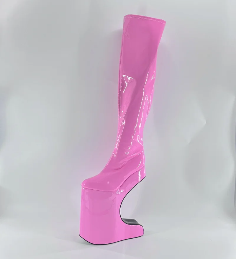 30cm Bent Heel Knee High Boots,Platforms Long Botas,Unisex Erotic Sexy Stage Show Shoes,Peach Mirror Shining,Customized Colors