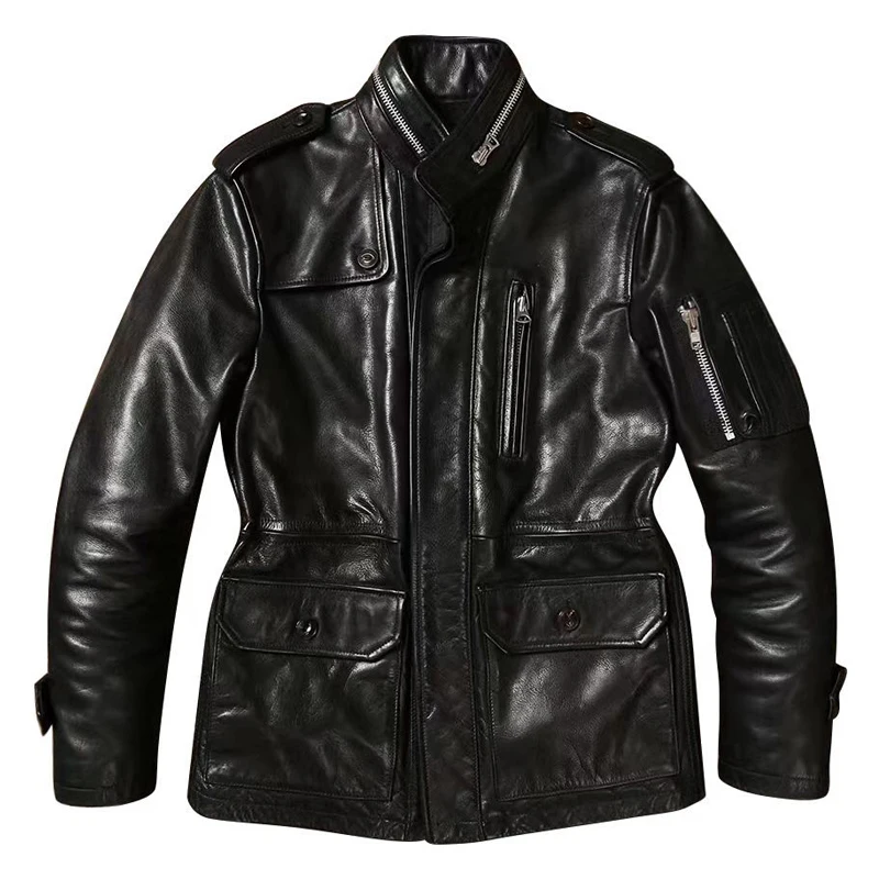 Men's Safari Leather Jacket Cowhide Military Style Thick Winter Outwear