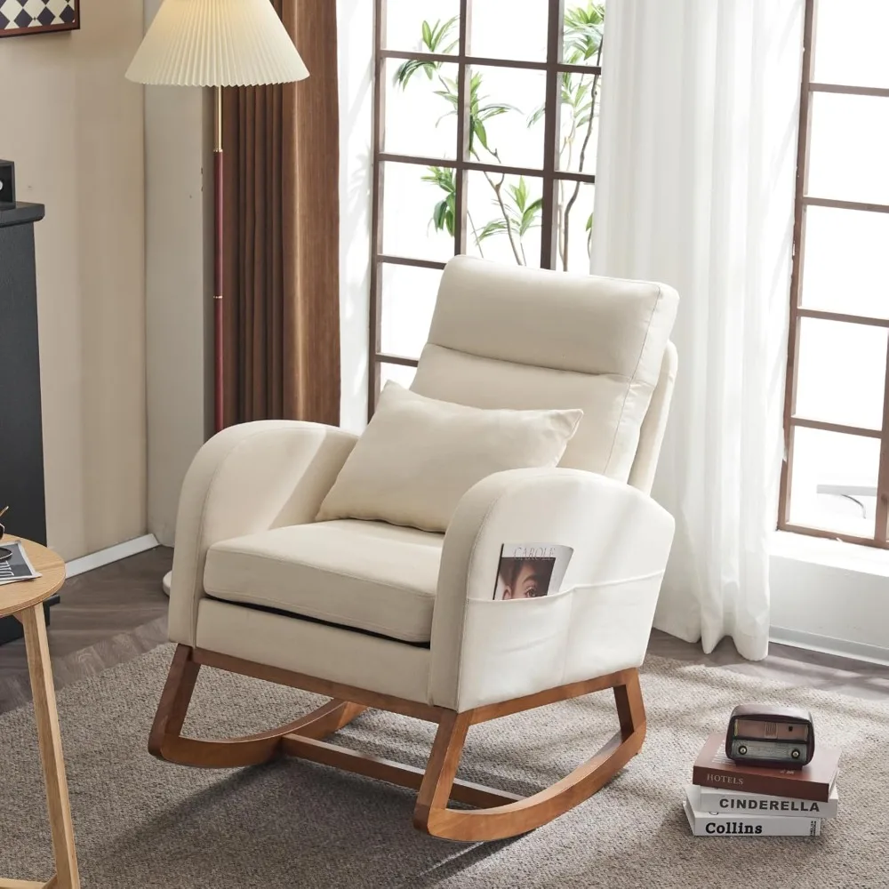 Chaise à bascule en lin beige, pouponnière avec optique, repose-sauna, pied foetal moderne du milieu du siècle, base en bois massif