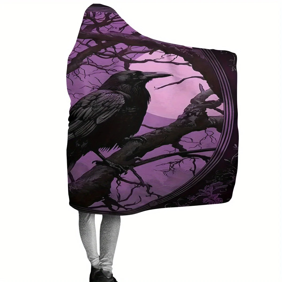 1pc Luxurious Soft Gothic College Style Viking Raven Print Hooded Blanket Wearable Cozy Throw for Halloween Christmas