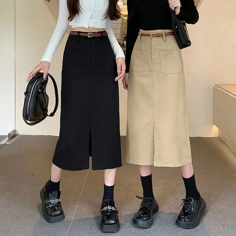 Lucyever Korean Slim Fit Long Skirt Women Fashion with Belt High Waist Split Straight Skirt Woman All-Match Pockets Midi Skirts