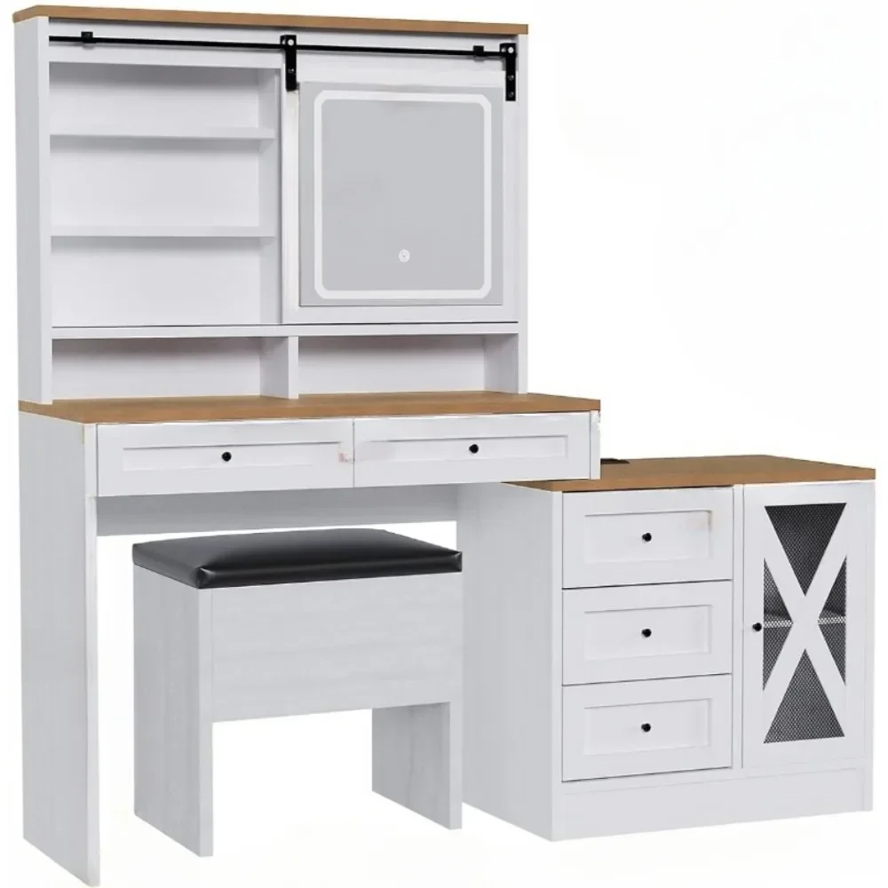 Dressing table with sliding illuminated mirror, white vanity with drawers and side storage， stool and charging station Dressers