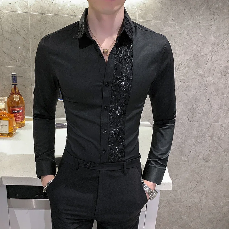 Camisa sexy de renda patchwork masculina, camisa de trabalho de festa boate, slim fit formal, festa social, nova moda, 2021