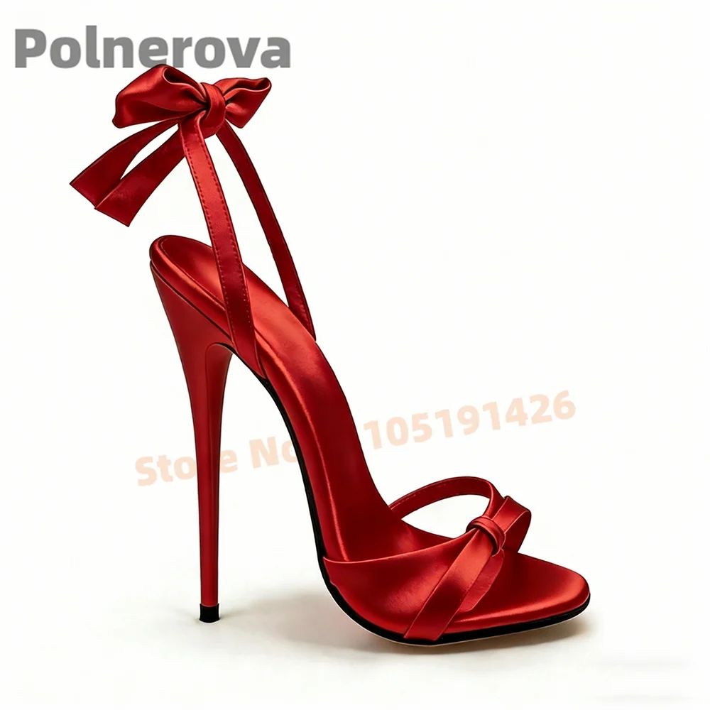 

Women's Red Satin Butterfly Knot Stiletto Sandals High Heels Open Toe Ankle Strap Fashion Party Dress Wedding Shoes Summer New