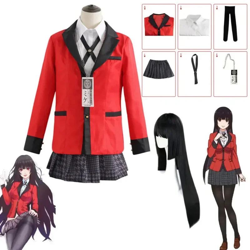 Kakegurui Anime Cosplay Traje para Mulheres, Jabami Yumeko, Uniforme Sexy, Vestidos de Halloween, Peruca