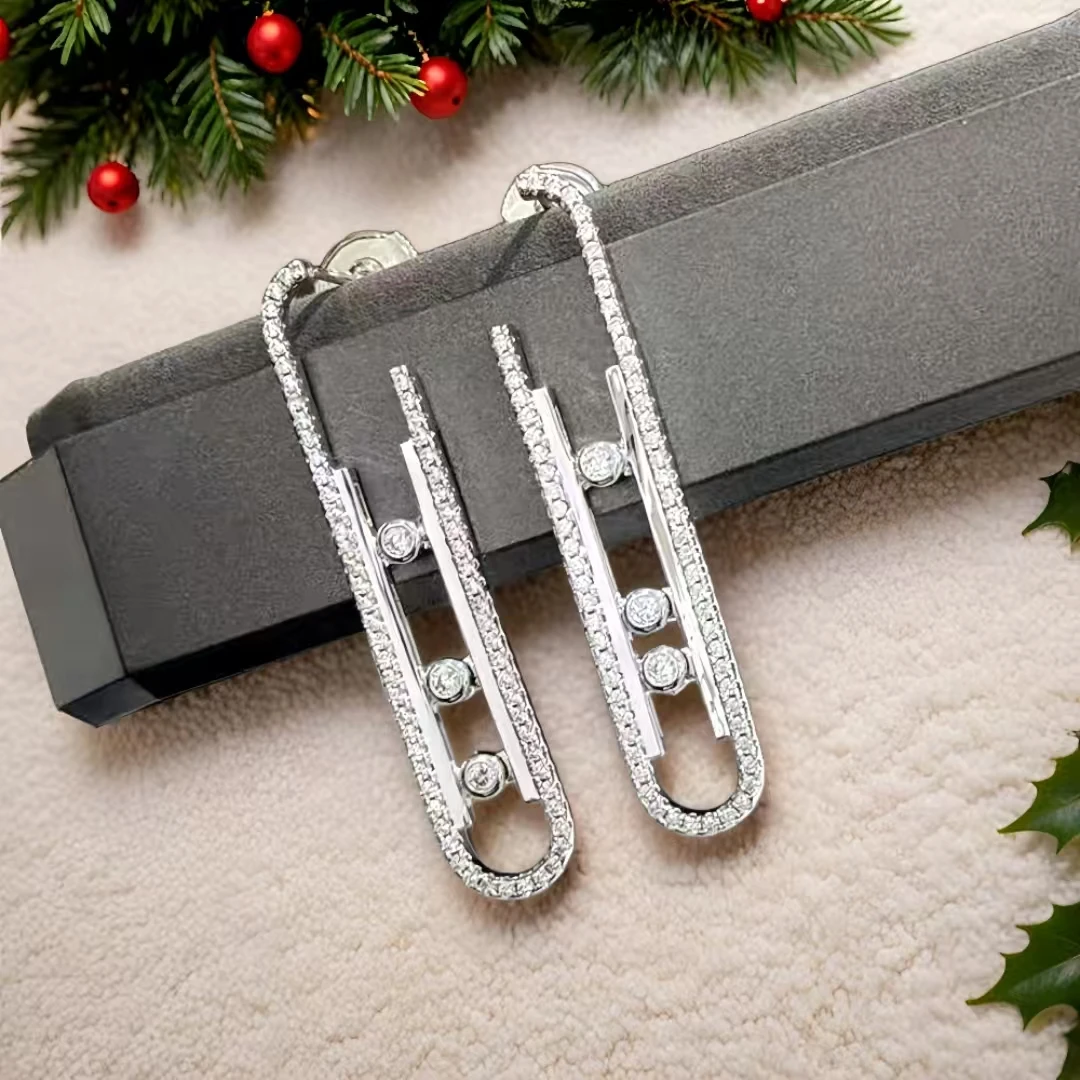 

French Series Luxury Jewelry 925 Silver Three Diamond Zircon Mobile Classic Fashion Women's Sweater Earrings Party Gift