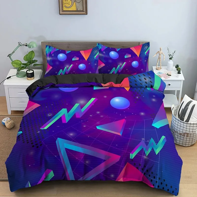 Psychedelic 3D Geometric Duvet Cover Microfiber Colorful Pop Abstract Art Comforter Cover Retro 80s Style Bedding Set Queen Size