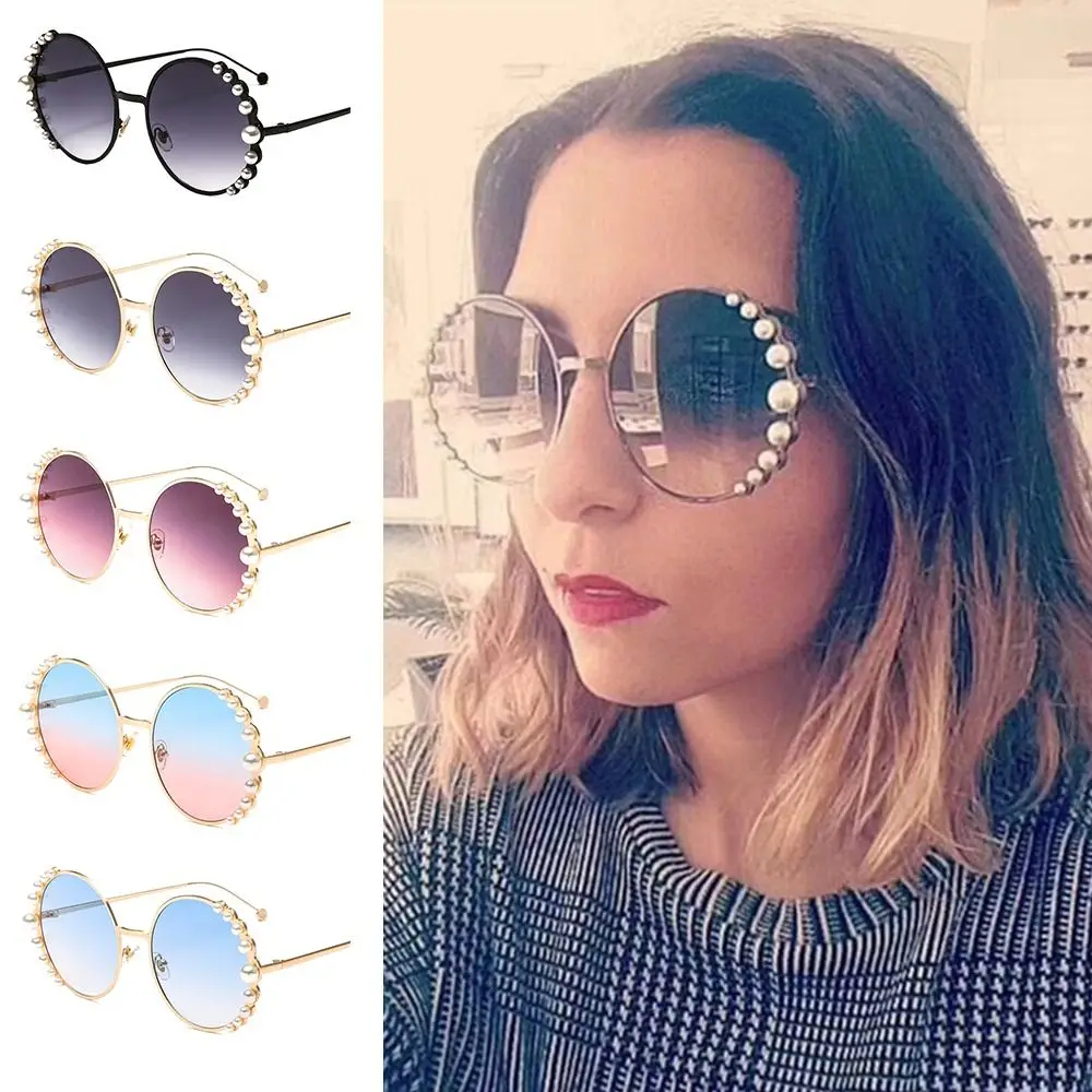 Vintage Pearl Design Round Frame Sunglasses Metal Frame UV Protection Gradient Lens Shades Round Sun Glasses for Women