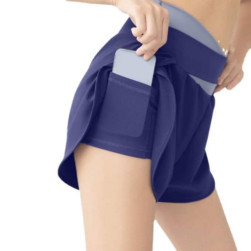 

Breathable Women Sports Shorts 2 In 1 Inner Liner Colorblocked Yoga Skirt Shorts Anti-Slip Elastic Waistband