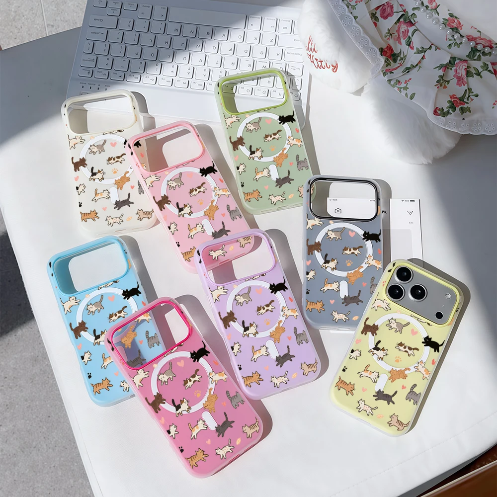 Whimsical Cat Parade Luxuriöse Bonbonfarbene 2-in-1 Magsafe Hülle für iPhone 16 15 14 13 17 Pro Max Plus Transparente Matte Weiche Abdeckung