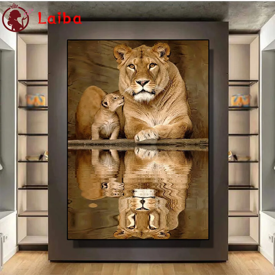 

Diamond Embroidery Animals Reflection Lion Full Square round Diamond Mosaic Rhinestones Art Painting Cross Stitch Wall Decor