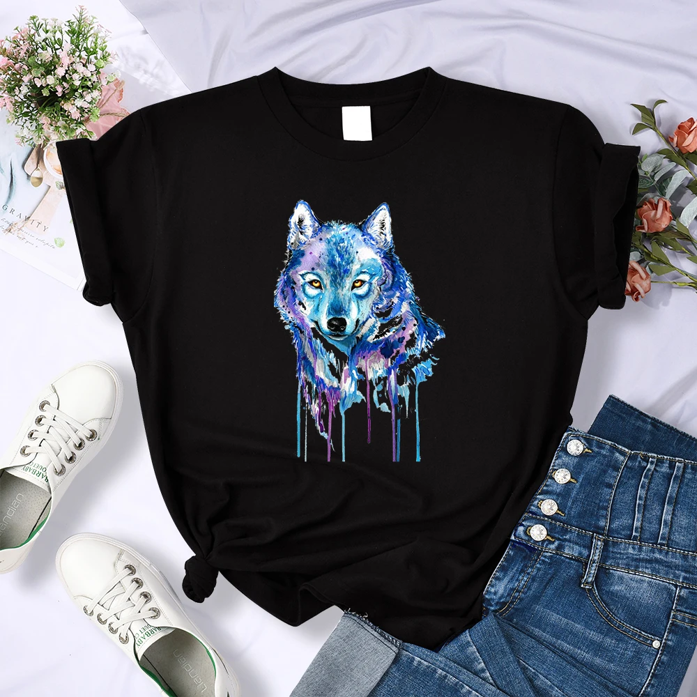 Y2K Colorful Horror Wolf Head Women T Shirt Summer Breathable Tshirt Street Personality Crop Top Casual Cool Sport T-Shirts