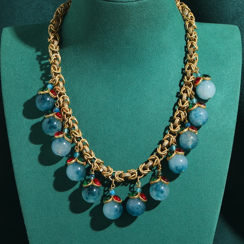

Vintage Blue Glass Necklace Chokers Gothic Natural Stone Tassels Antique Gold Color Jewelry For Women Accessories New In 2025