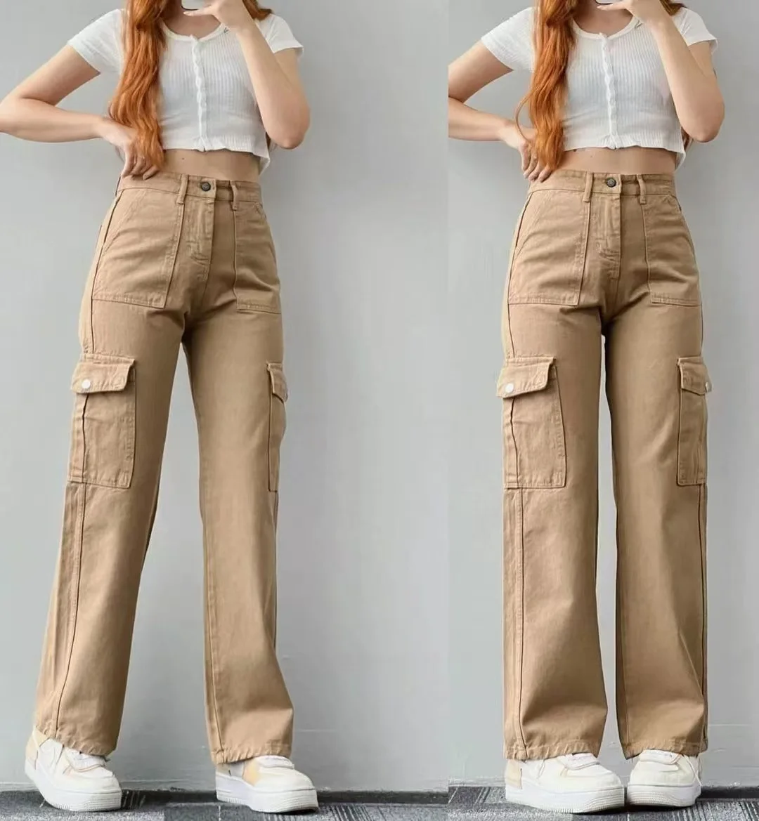Women'sversatile casual mid-ris long fitted waist workwear with three-dimensional pockets