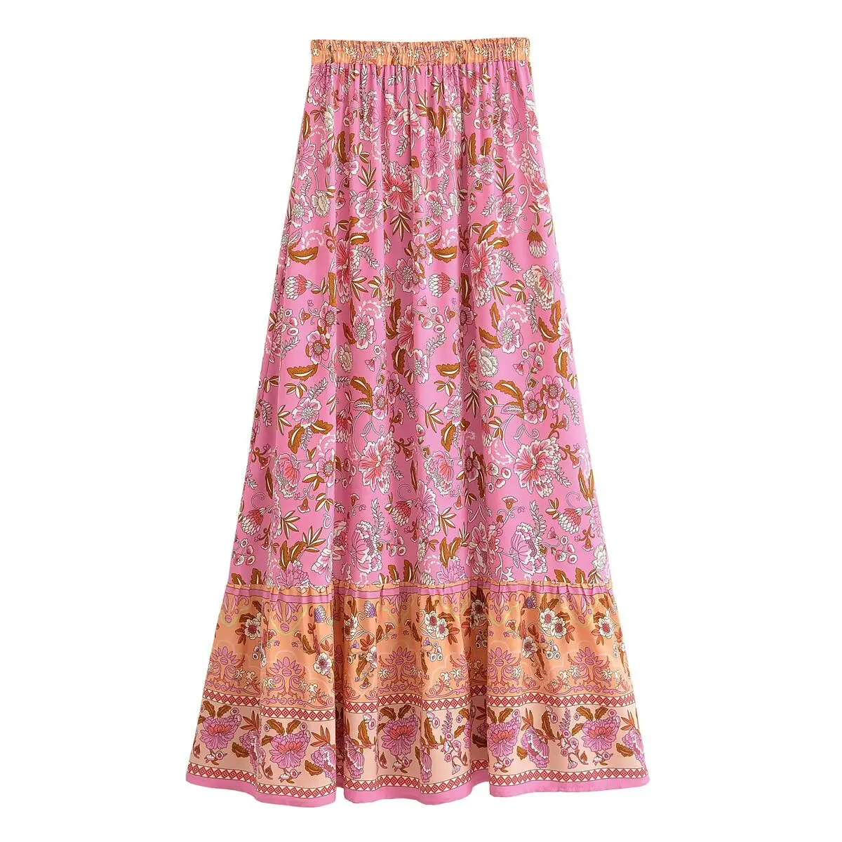 2025 BOHO Pink Contrast Floral Print Maxi Long Skirt Spliced Ruffle Hem Hippie Women Ball Tassel Bow Waist Swing Skirts Holiday