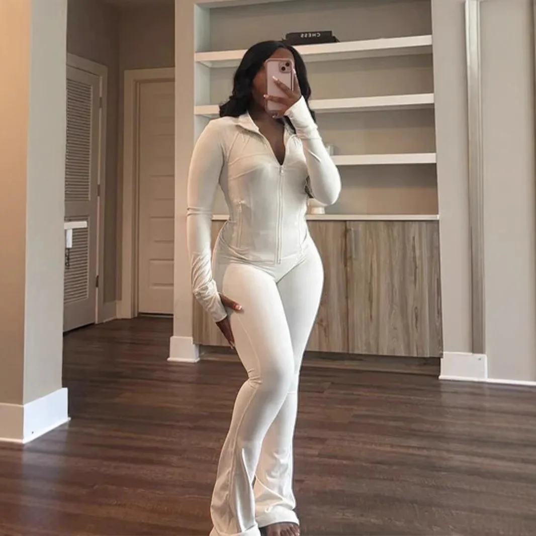 Nowości Three Sisters Wiosna Lato Sportowy Casual Jednolity Kolor Obcisły Zestaw Dwuczęściowy z Długim Rękawem i Spodniami