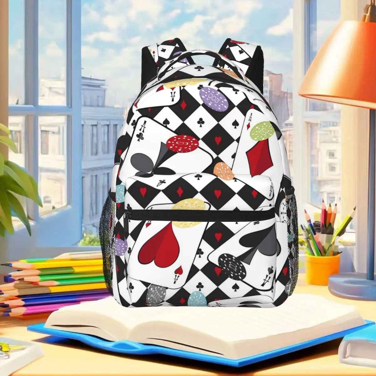 Poker Pattern Playing Card Student Backpack School Bag Hiking Travel Daypack for Men Women Fashion Bookbag Shoulder Bags