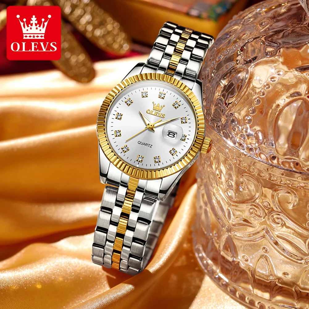 OLEVS  NEW Lady's Watches Diamonds Auto Date Dial Waterproof Classic Original Brand Wristwatch for Women Gold White Watch