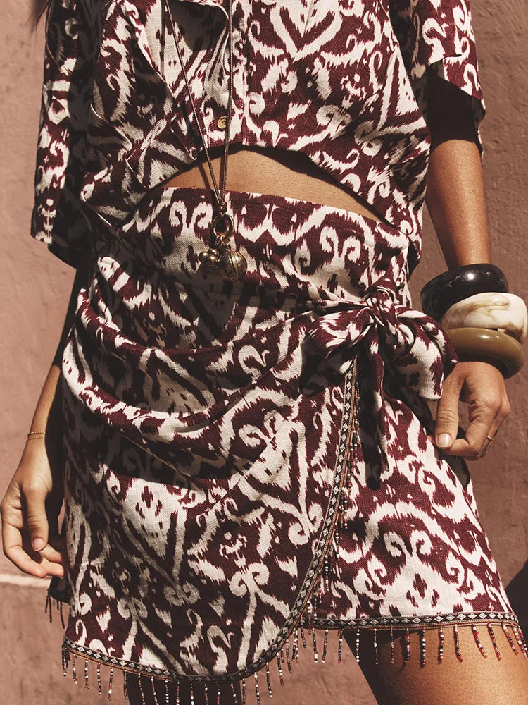 Ele Summer 2025 Women's Printed High Waist Skirt Tassel Trim Vaion Sle Commute Stand Fit Other Material 00%