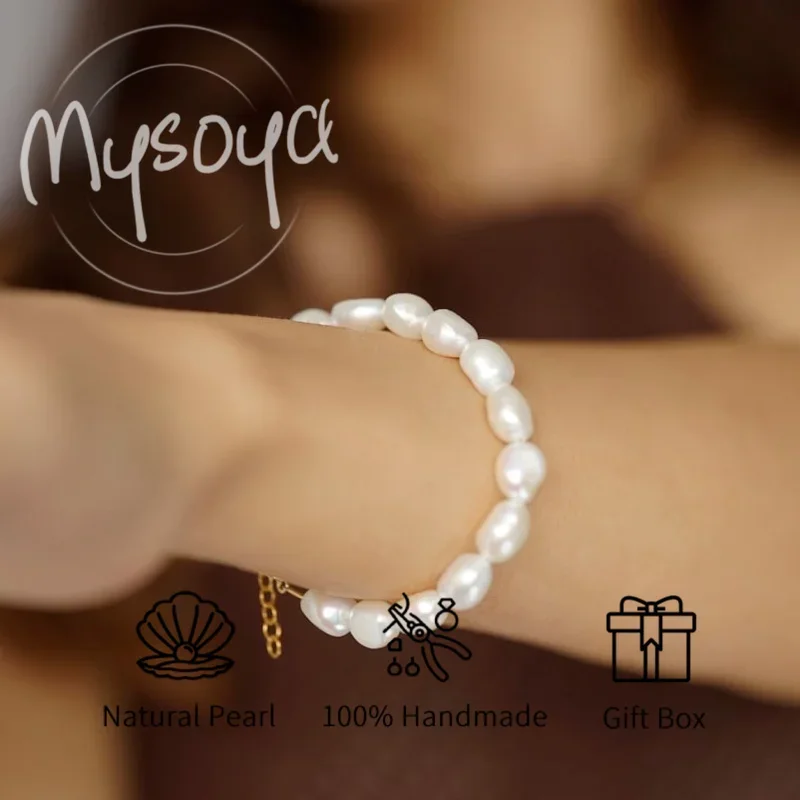

MYSOYA 8-9 мм натуральный белый браслет из пресноводного жемчуга в стиле барокко для женщин и мужчин с подарочной коробкой подарок на день рождения, свадьбу, годовщину